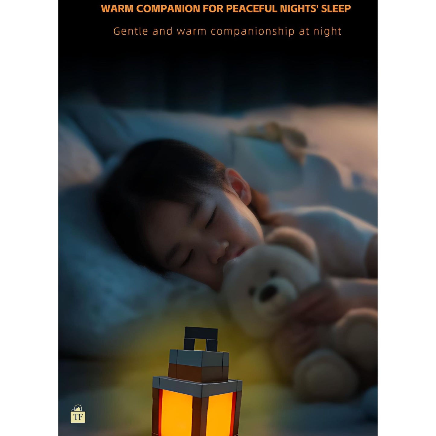 Child sleeping with a teddy bear and a lantern, with text about peaceful nights' sleep.