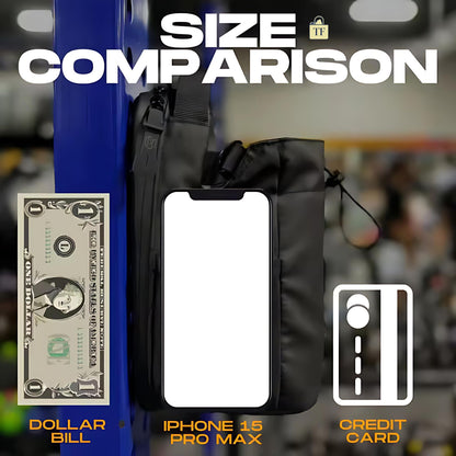 Size comparison between a dollar bill, iPhone 15 Pro Max, and credit card to a TrueFlow magnetic Bag