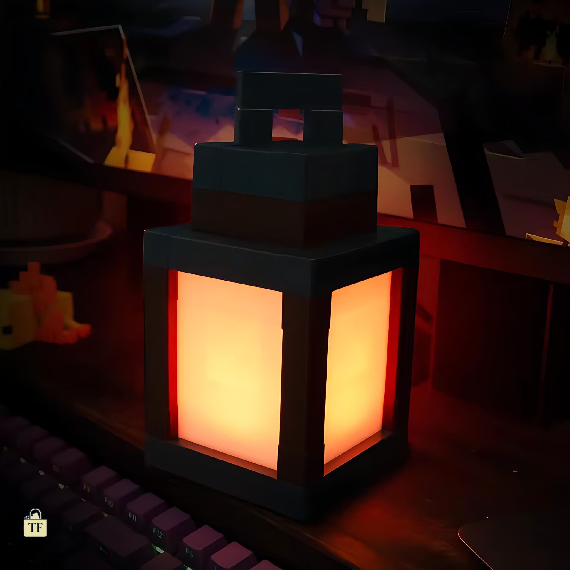 Flickering lantern on a desk with a dark background
