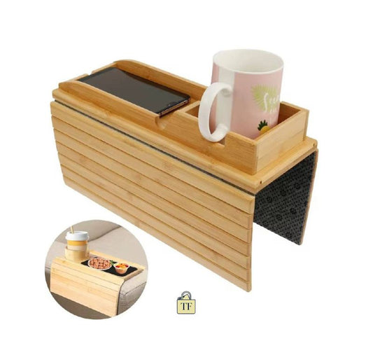 TrueFlow Bamboo Couch Cup Holder - 2025 Foldable Armrest Tray