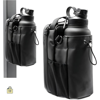 Black water bottle with carrying case on a white background