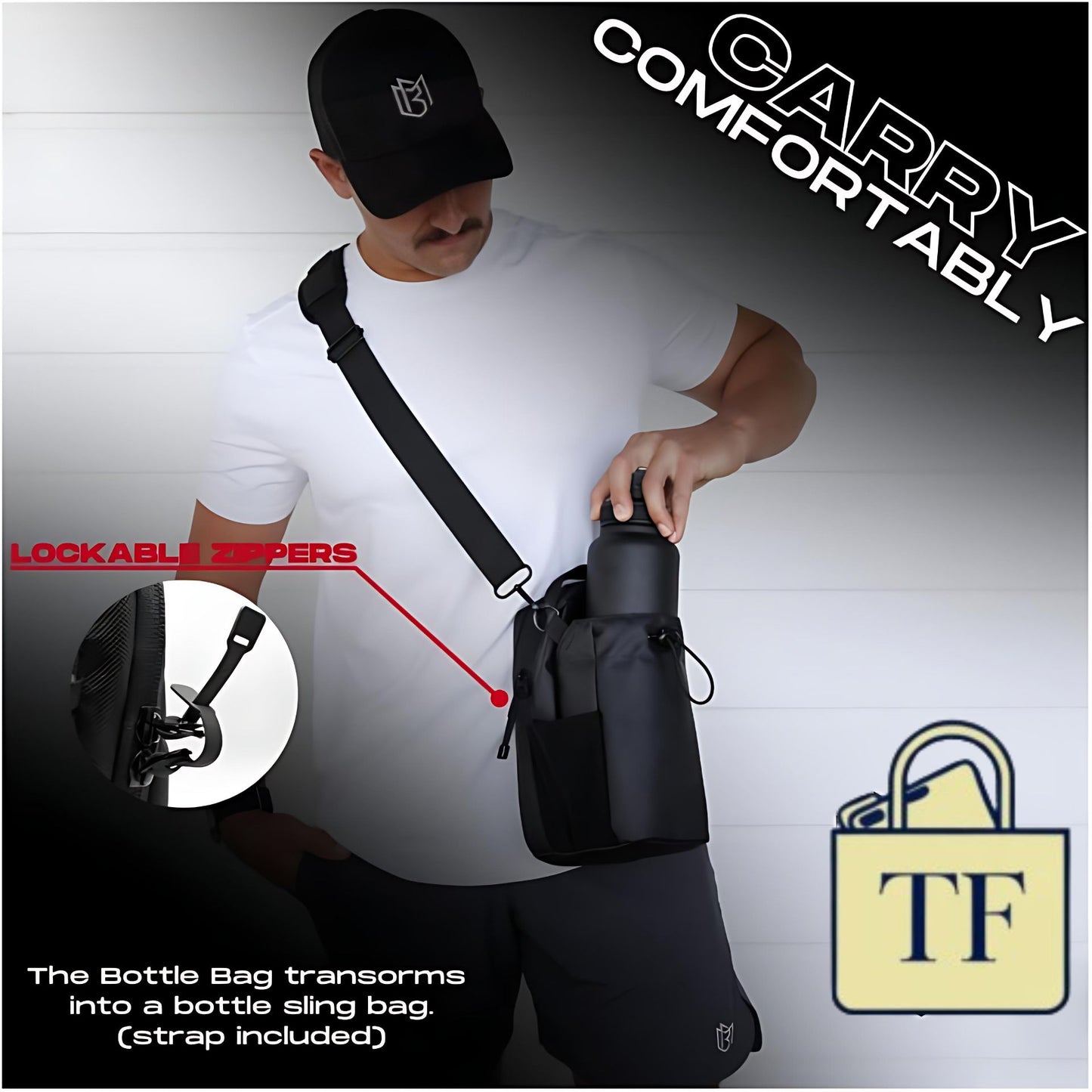 Person holding a black bottle bag with strap, featuring 'COMFORTABLY' branding and product features.