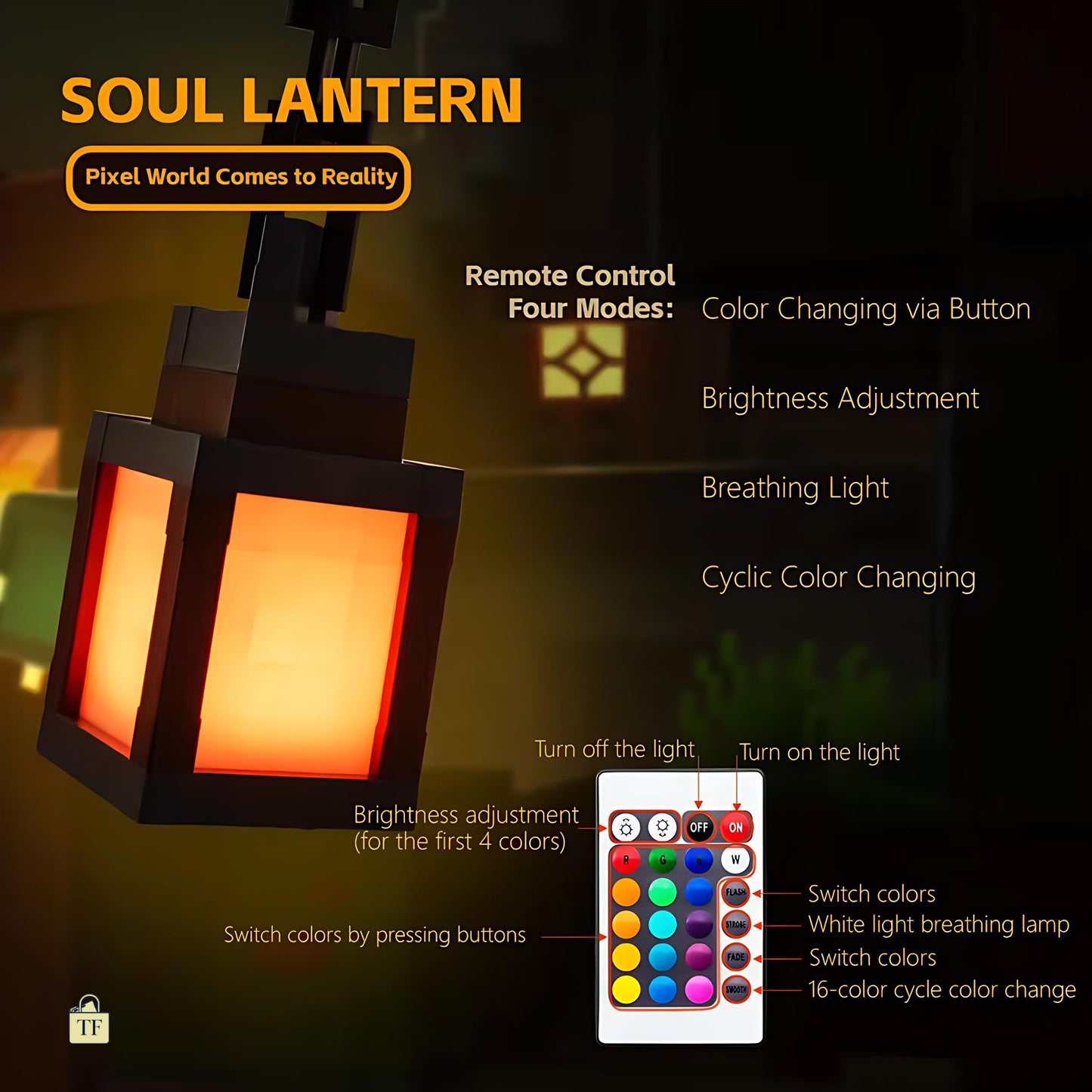 Soul Lantern with remote control and feature text on a dark background