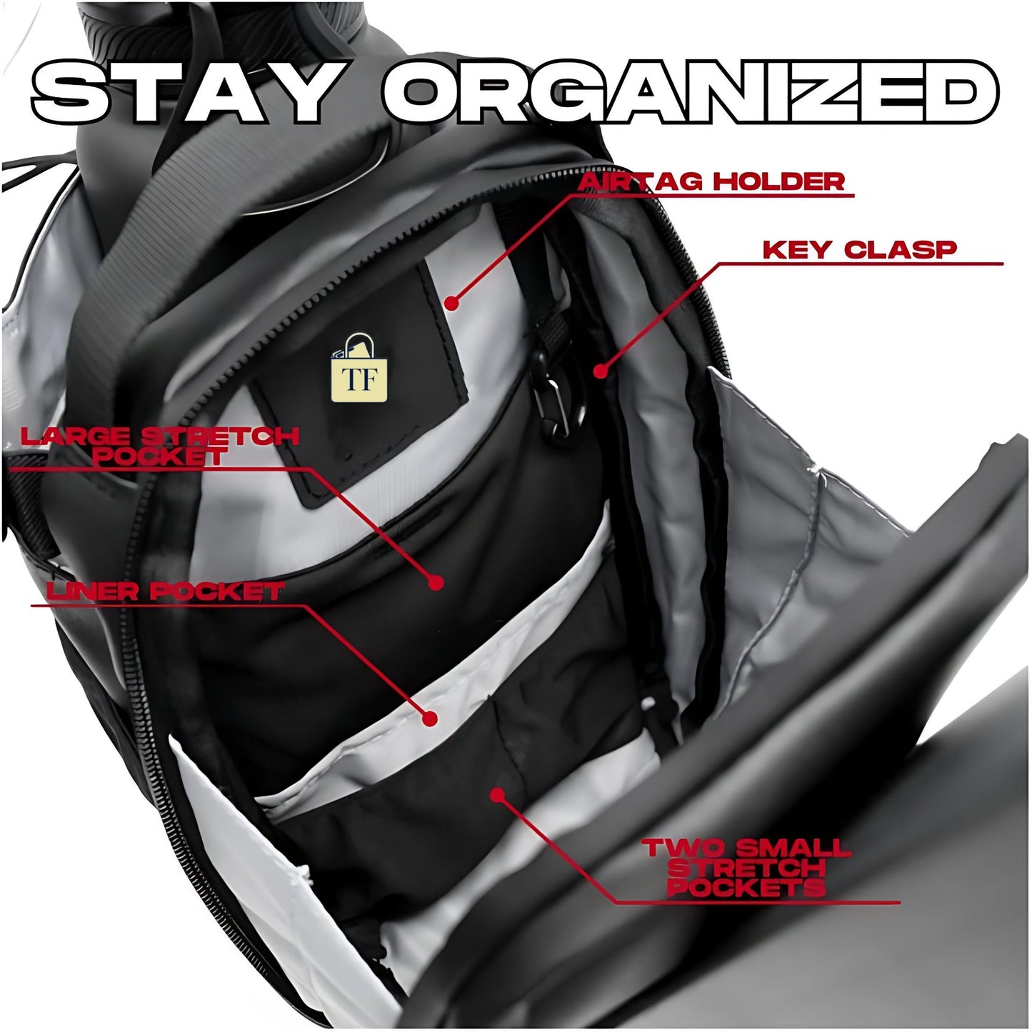 Magnetic bag with labeled features on a gray background