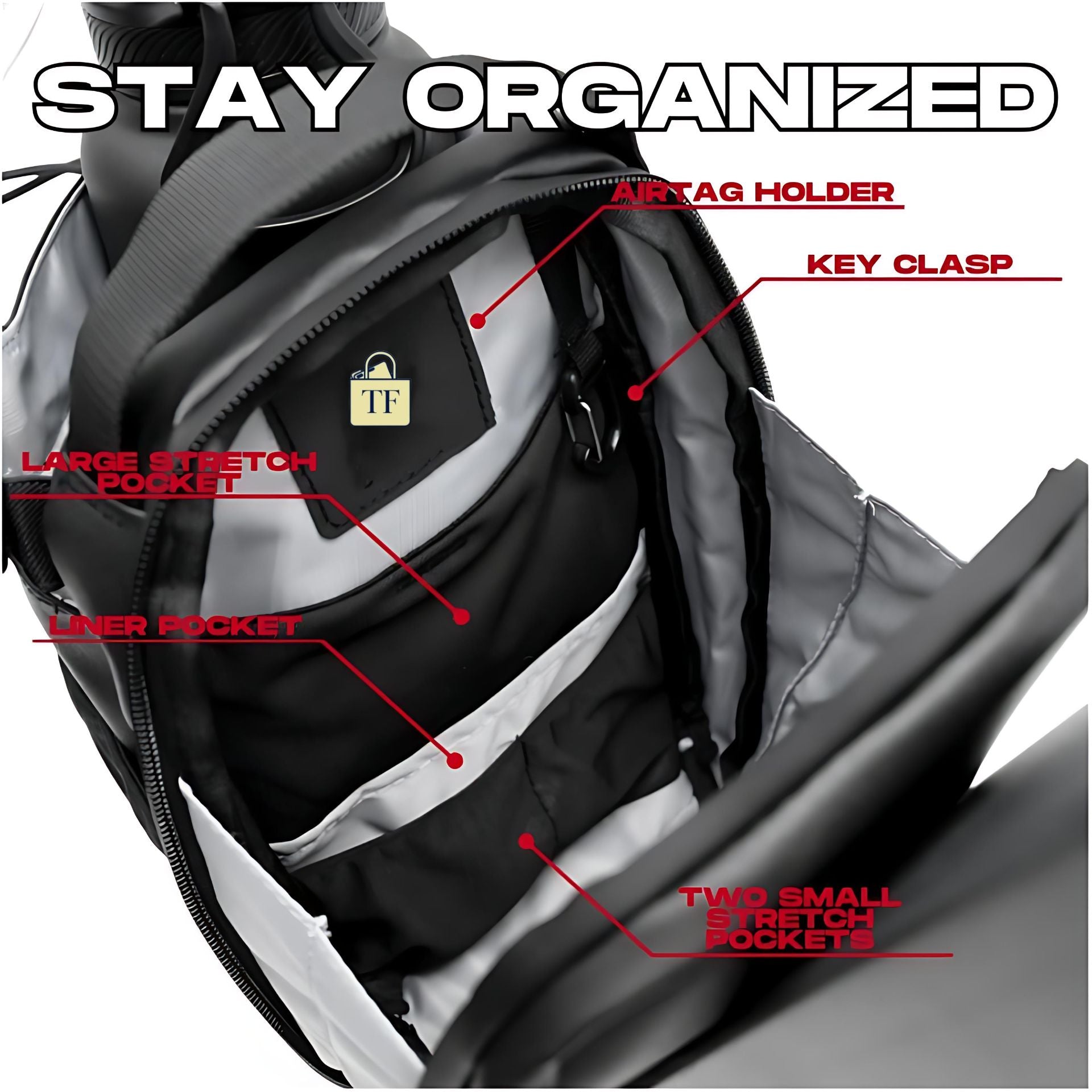 Magnetic bag with labeled features on a gray background