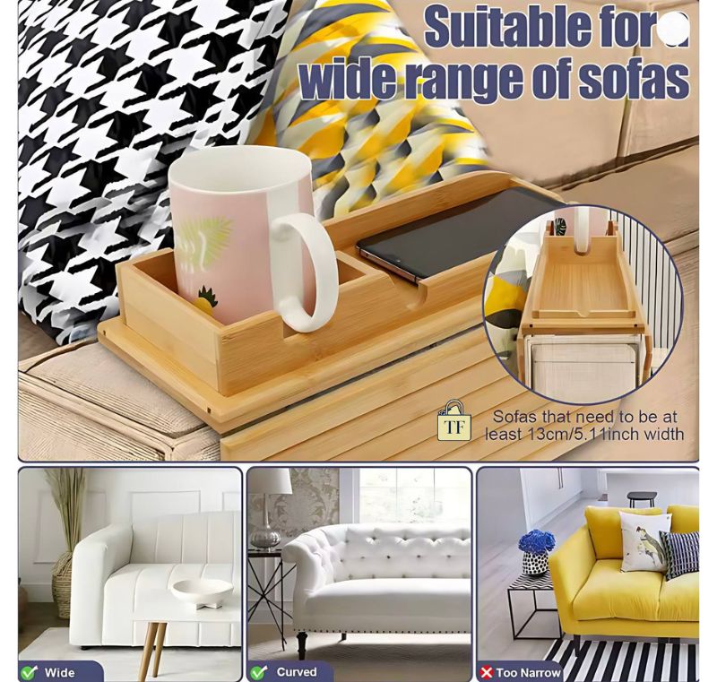 Wooden tray with cup holder on a sofa, suitable for various sofas