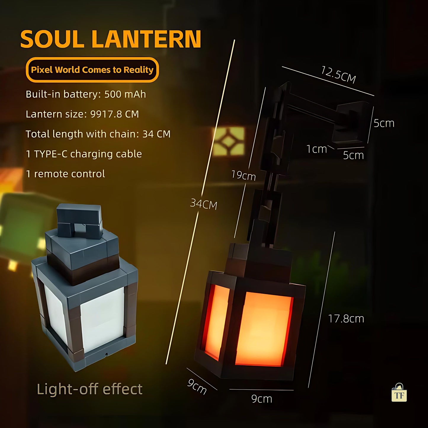 Soul Lantern with light-off effect and dimensions displayed