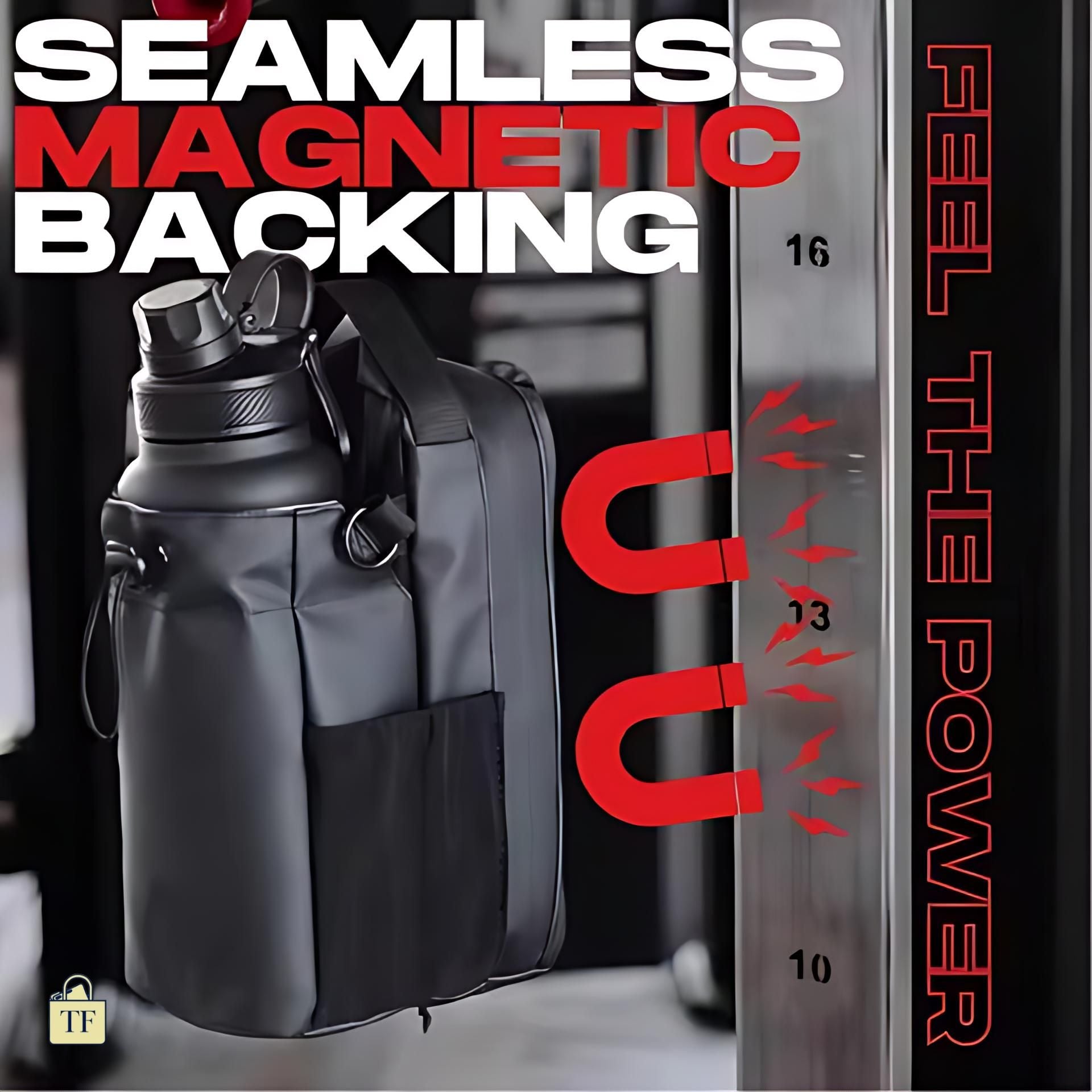 Black water bottle with magnetic backing feature on a dark background