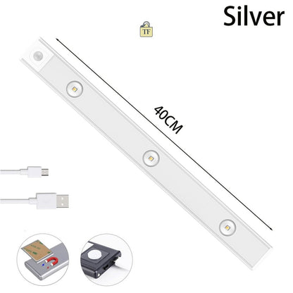 Silver LED strip light with USB cable and motion sensor on a white background  40 cm