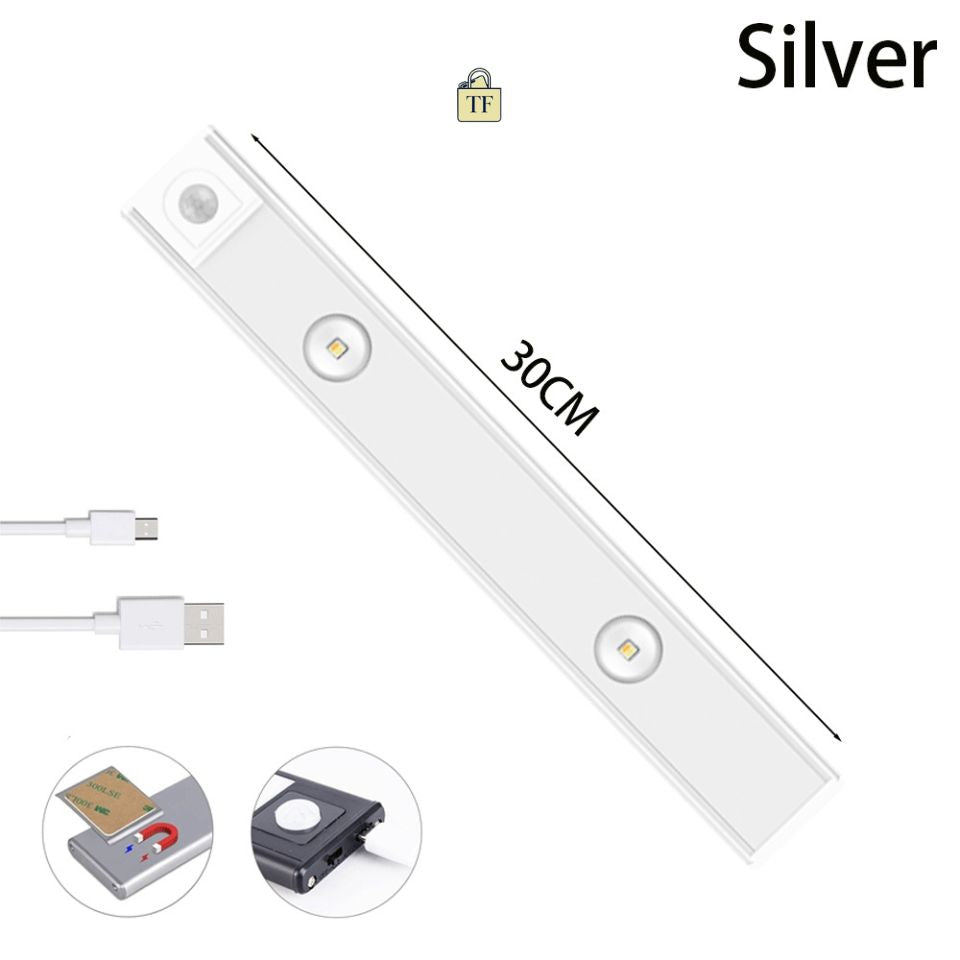 Silver LED strip light with USB cable and motion sensor on a white background 30 cm 