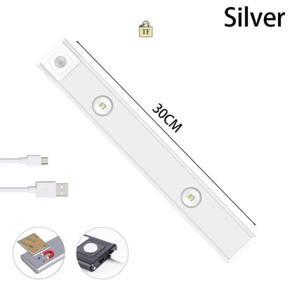 Silver LED strip light with USB cable and motion sensor on a white background 30 cm 