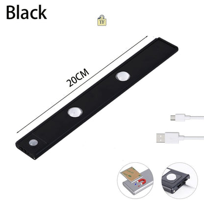 Black LED strip light with USB cable on a white background