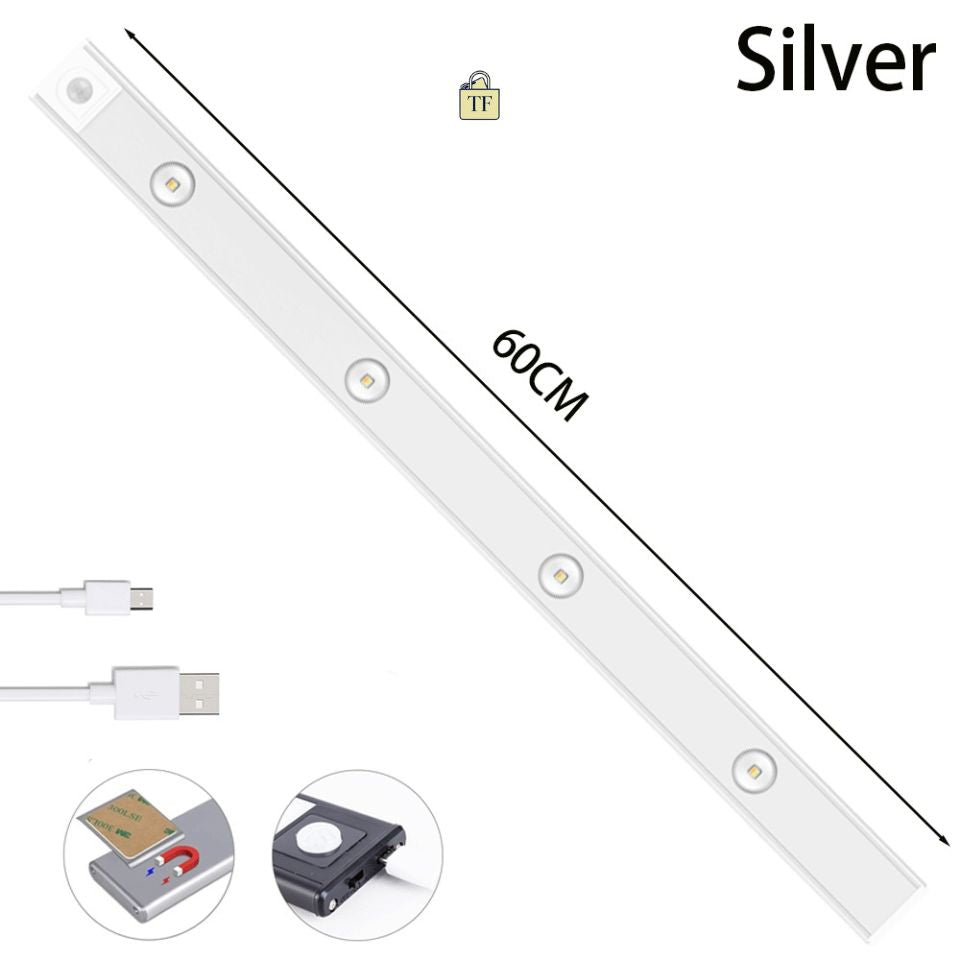 Silver LED strip light with USB cable and motion sensor on a white background 60 cm 