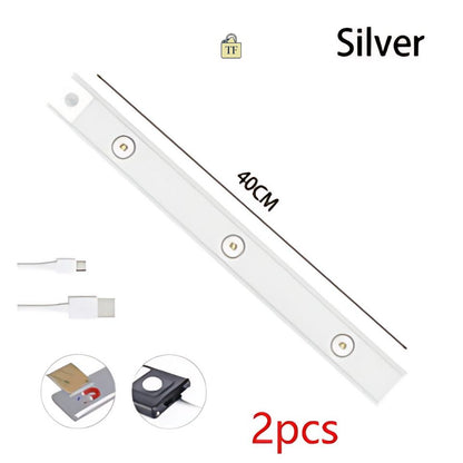 Silver LED strip light with USB cable and motion sensor on a white background 40 cm 2 pcs
