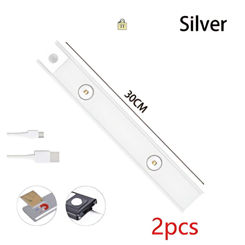 Silver LED strip light with USB cable and motion sensor on a white background 30 cm 2 pcs