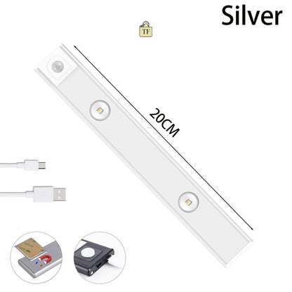 Silver LED strip light with USB cable and motion sensor on a white background