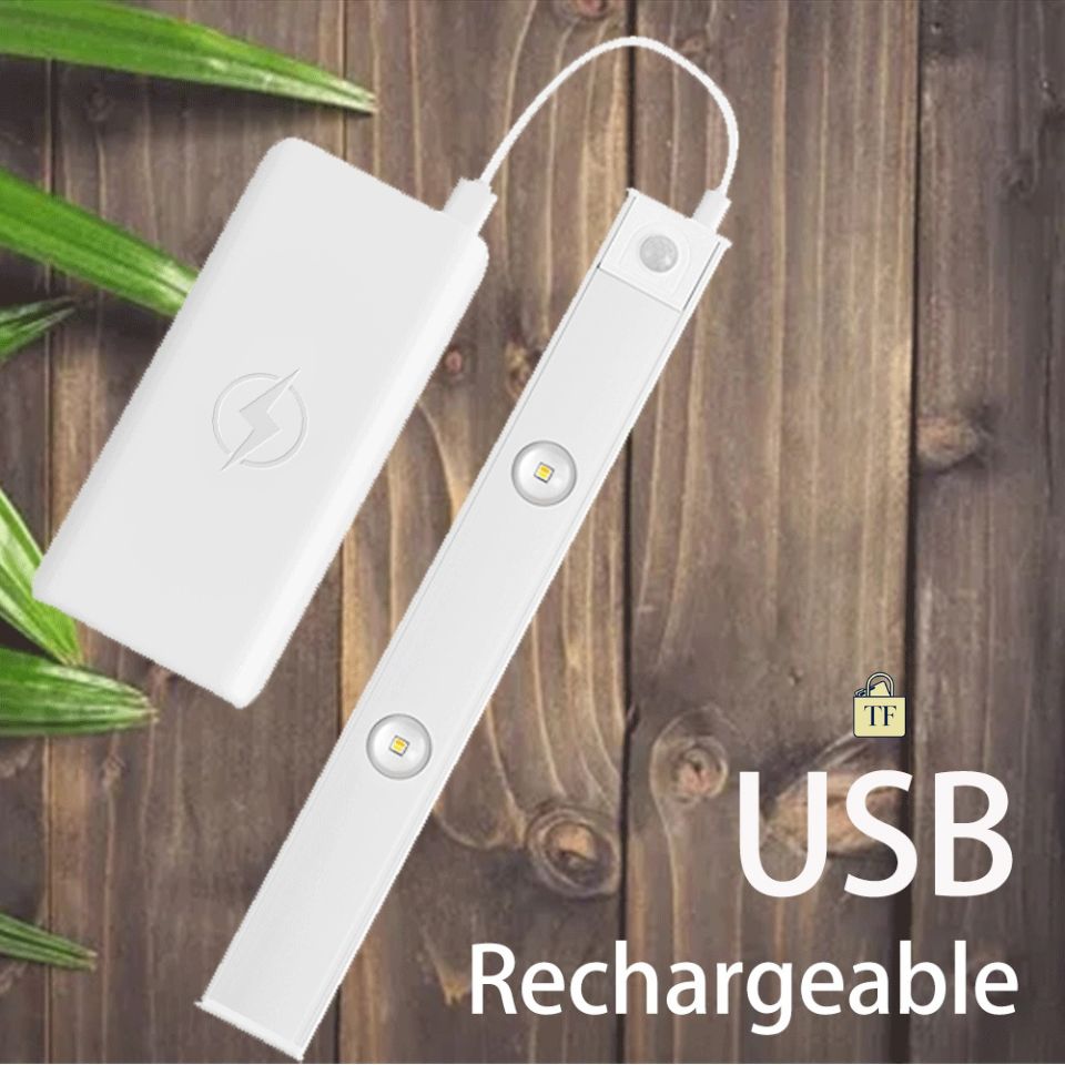 USB rechargeable light strip with power bank on a wooden background