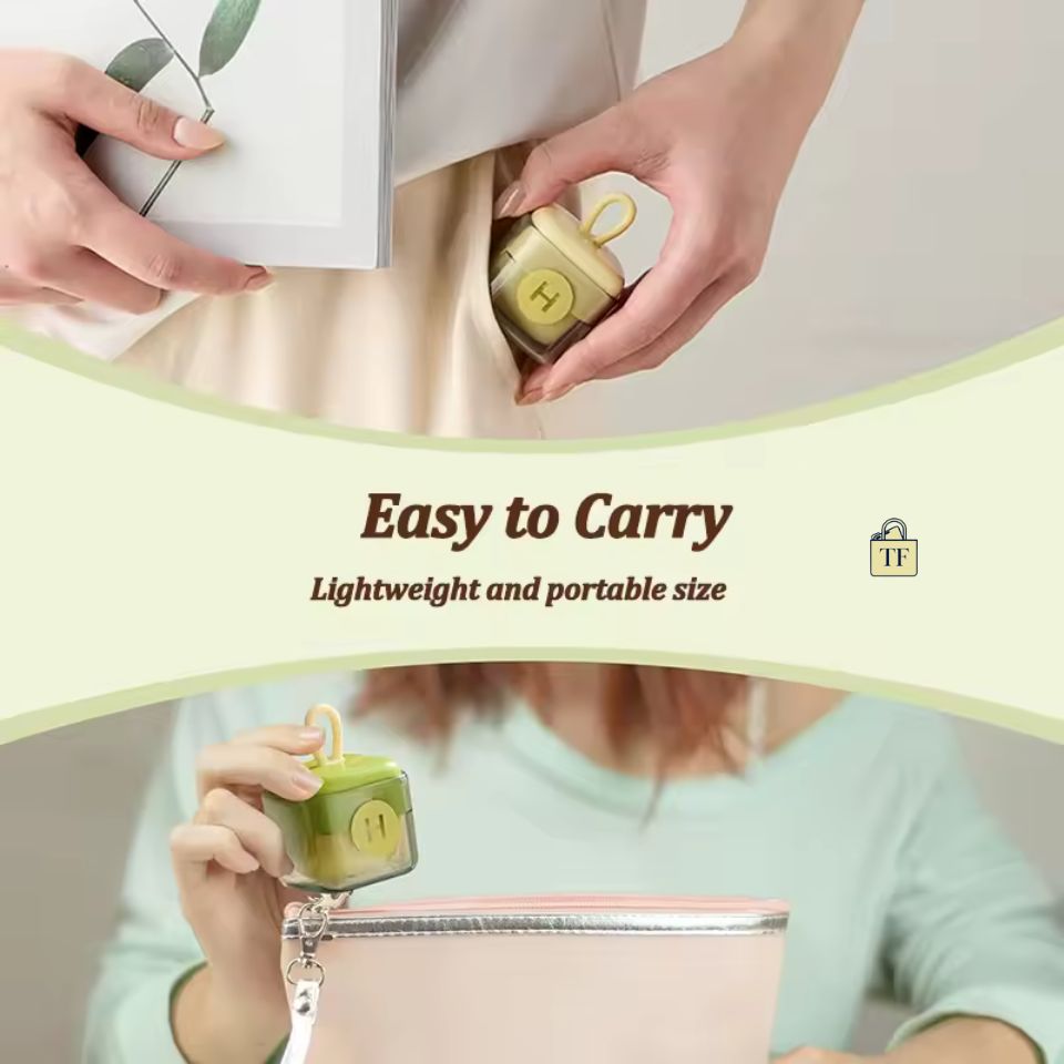 Product being held and placed into a pouch with text 'Easy to Carry' and 'Lightweight and portable size'.