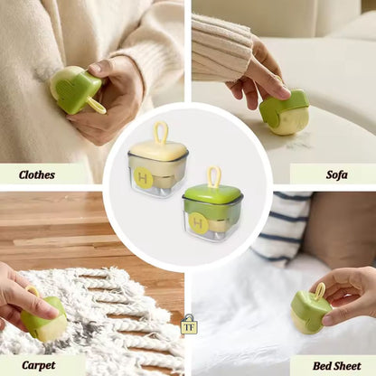 Collage of a small green and beige device being used on clothes, sofa, carpet, and bed sheet.