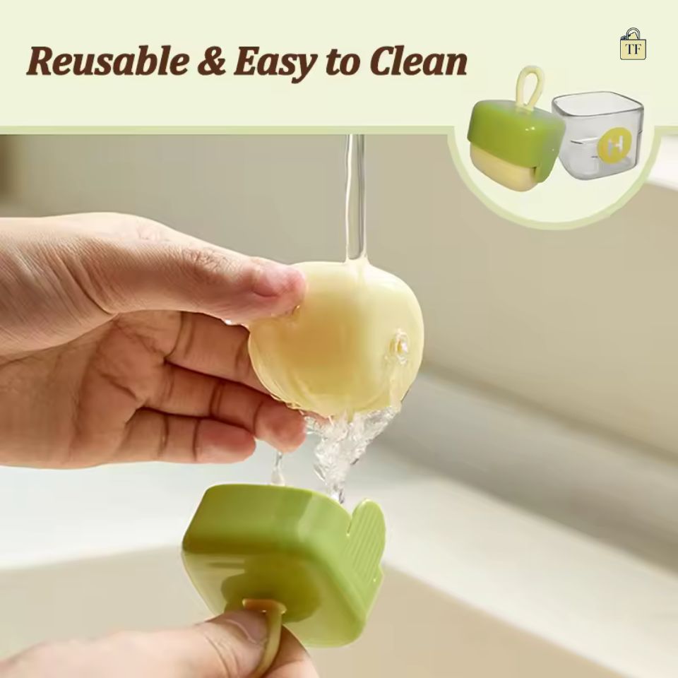 Hand washing a lint remover 2025 with water, with text 'Reusable & Easy to Clean' above.