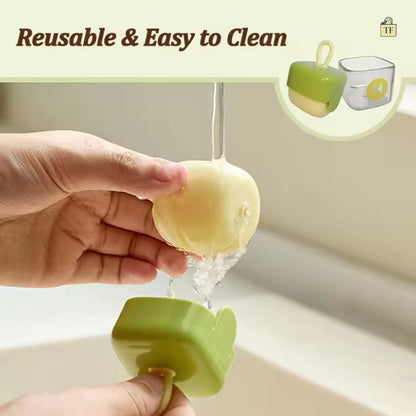 Hand washing a lint remover 2025 with water, with text 'Reusable & Easy to Clean' above.