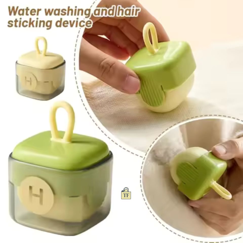 Green and beige hair-sticking device with text 'Water washing and hair sticking device'.