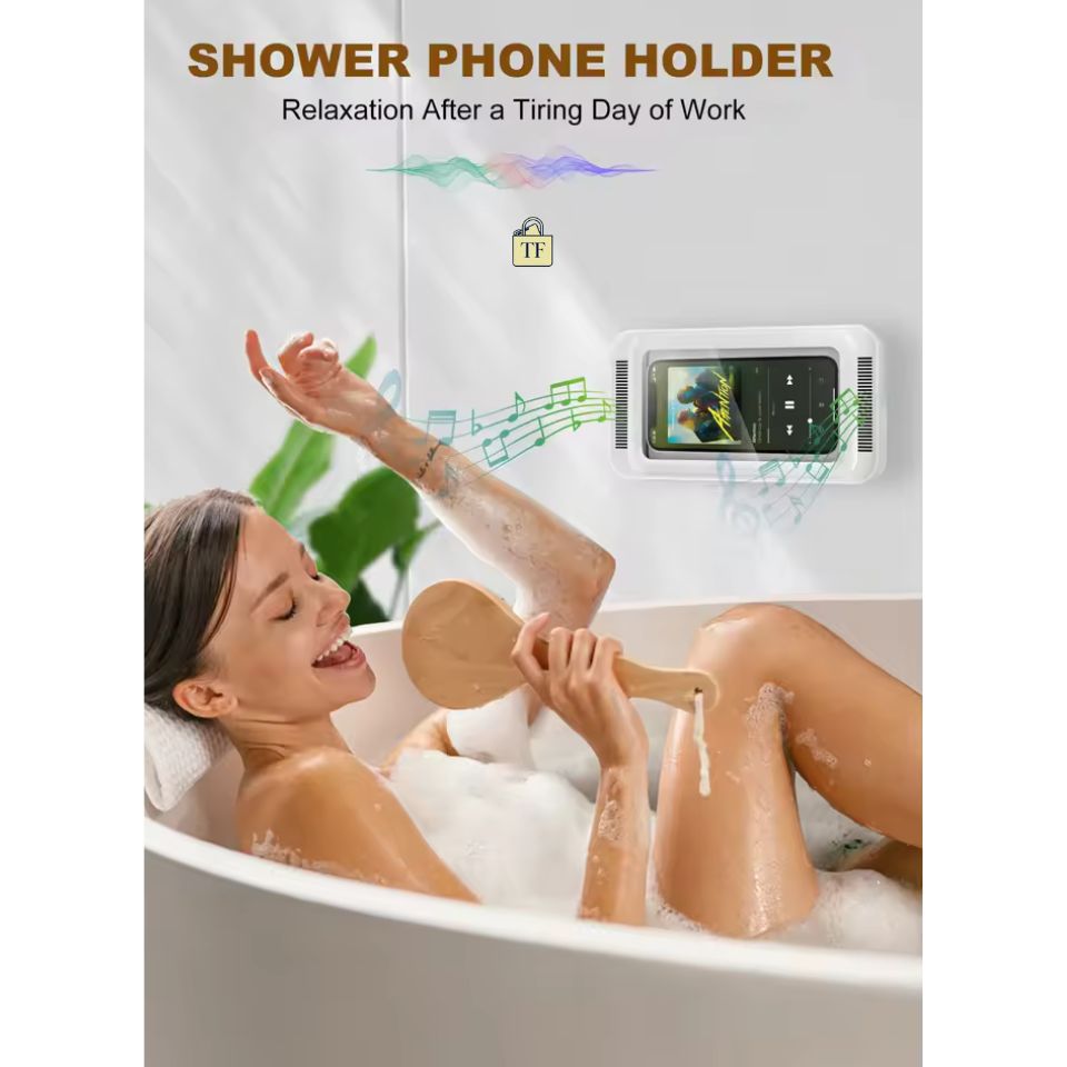 Woman in a bathtub using a shower phone holder with music notes and a phone displayed.