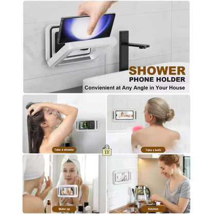 Shower phone holder with various usage scenarios in a bathroom setting.