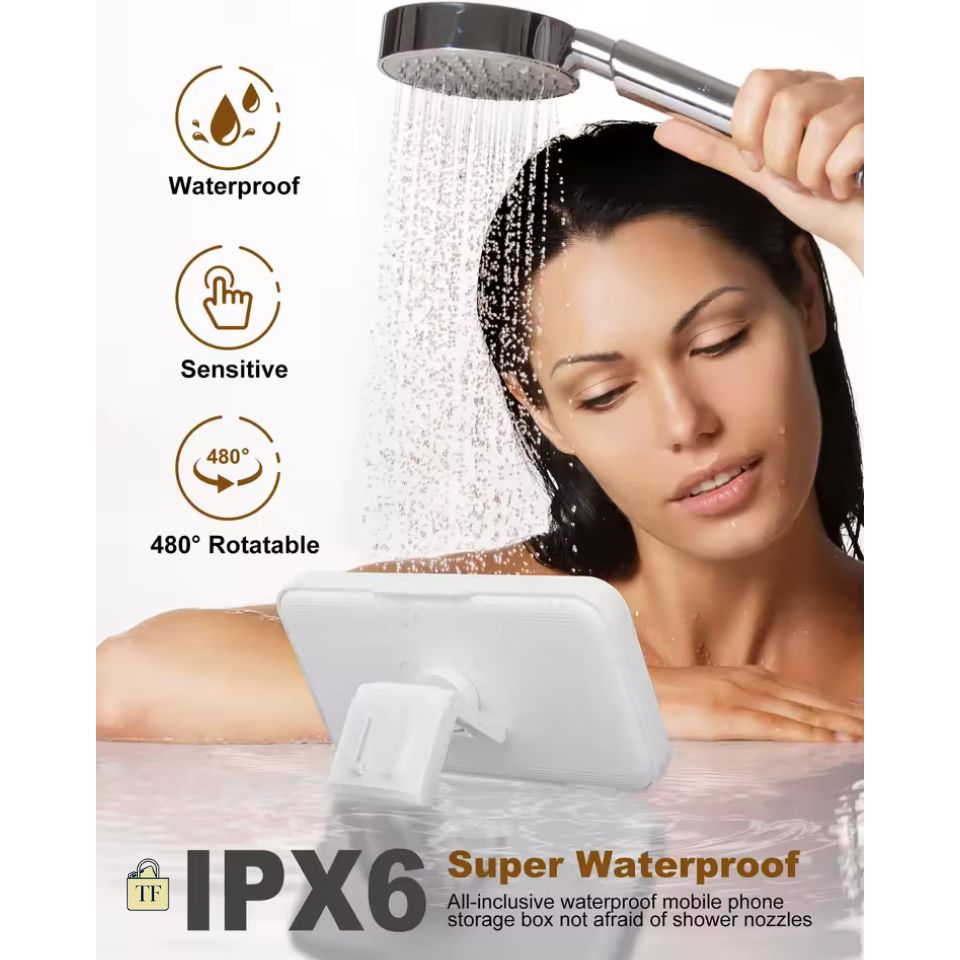 Woman showering with a waterproof phone case and shower head, featuring IPX6 certification.