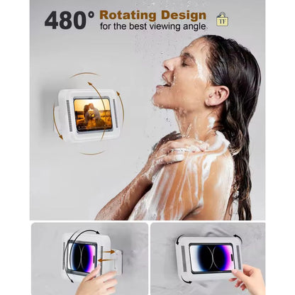 Woman using a phone holder  with a rotating design feature, displayed on a gray background.