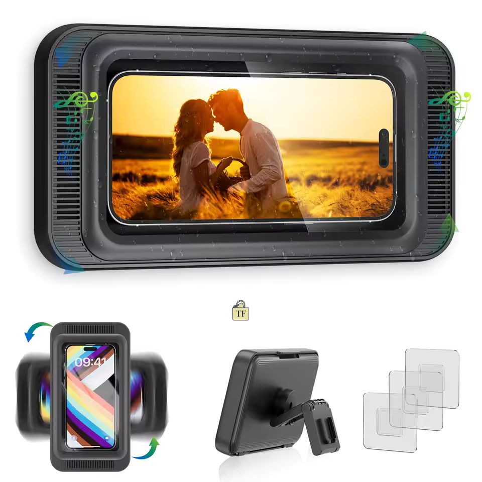 Phone screen protector with a couple in a field displayed on it, surrounded by additional phone accessories.