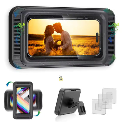 Phone screen protector with a couple in a field displayed on it, surrounded by additional phone accessories.