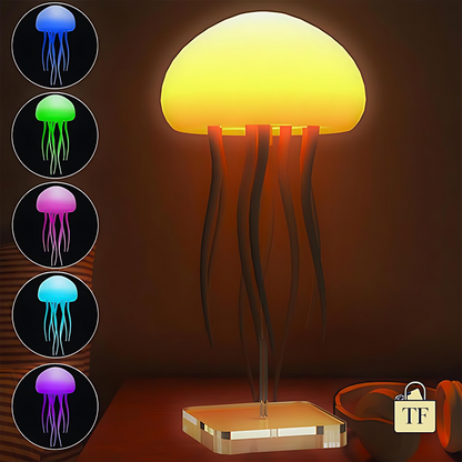  colorful jellyfish-like lights on a dark background