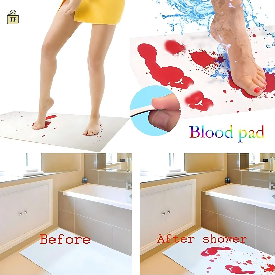 Blood pad product showing its effectiveness on a bathroom floor with before and after images.