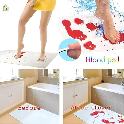 Blood pad product showing its effectiveness on a bathroom floor with before and after images.