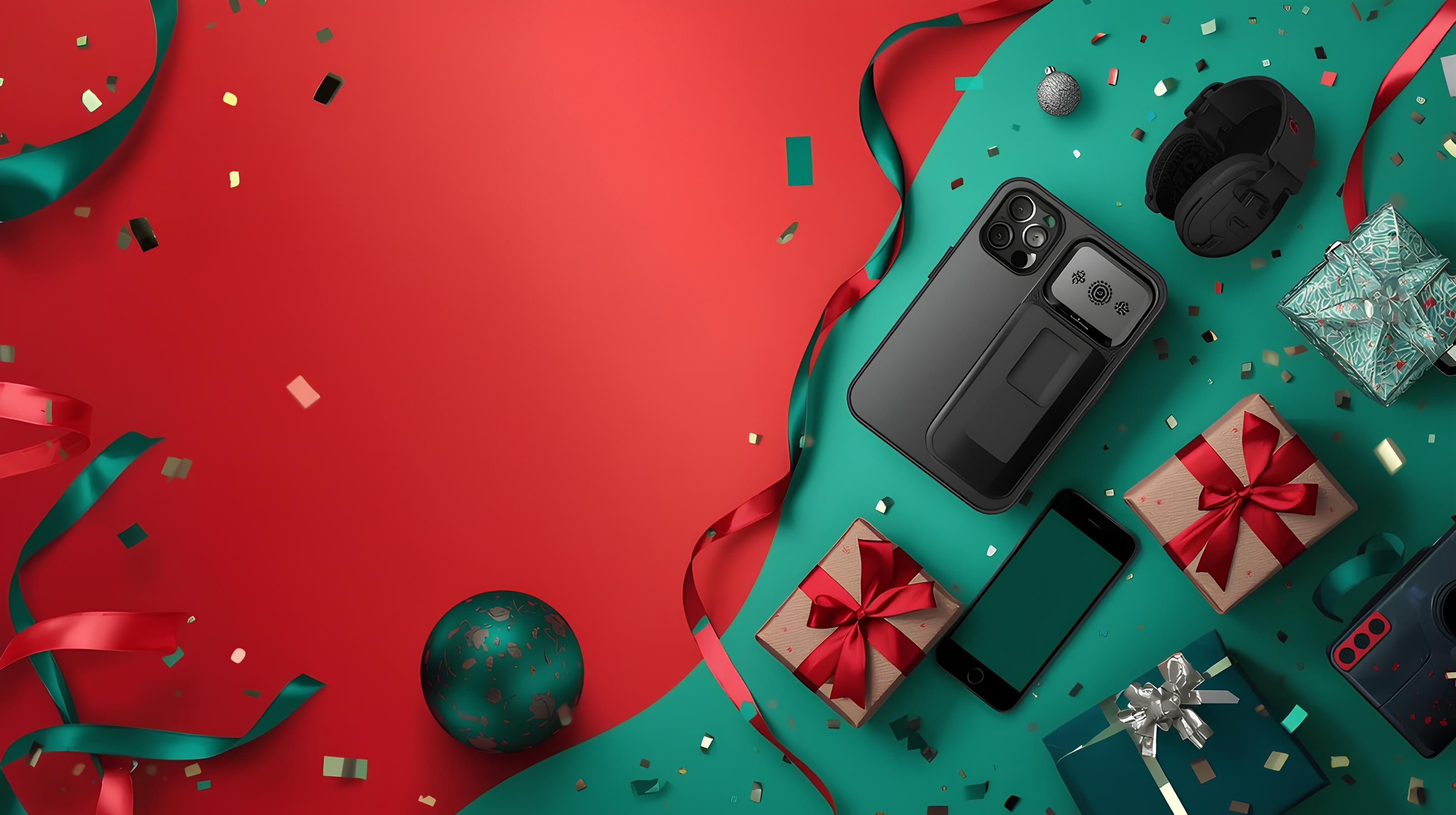 Phone case on a festive background with ribbons and presents
