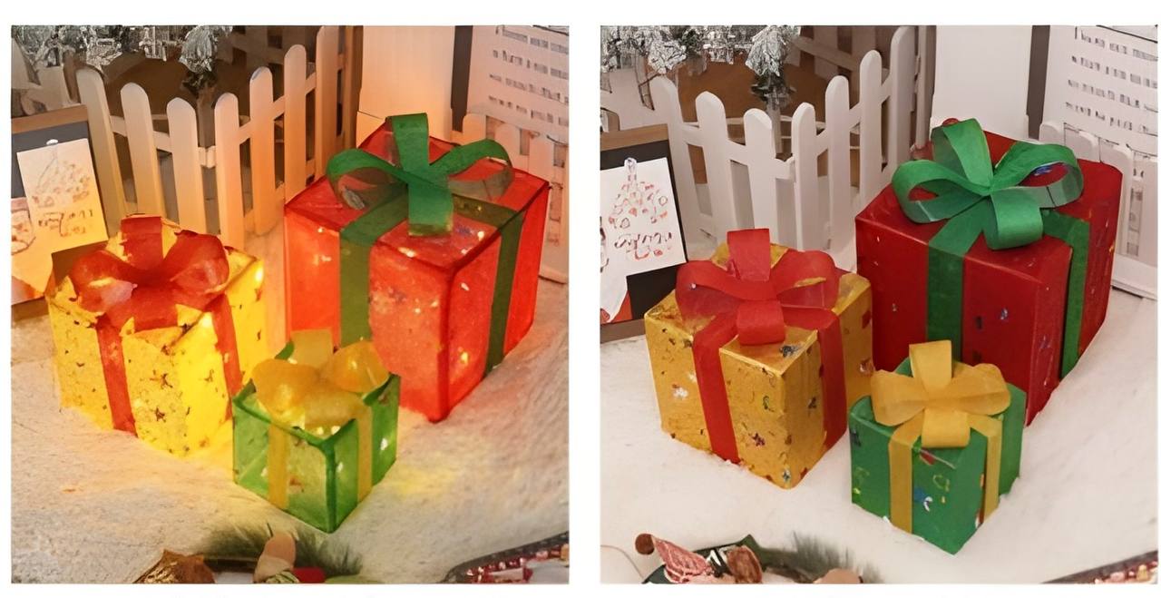 Set of decorative gift boxes with LED lights on a white surface.