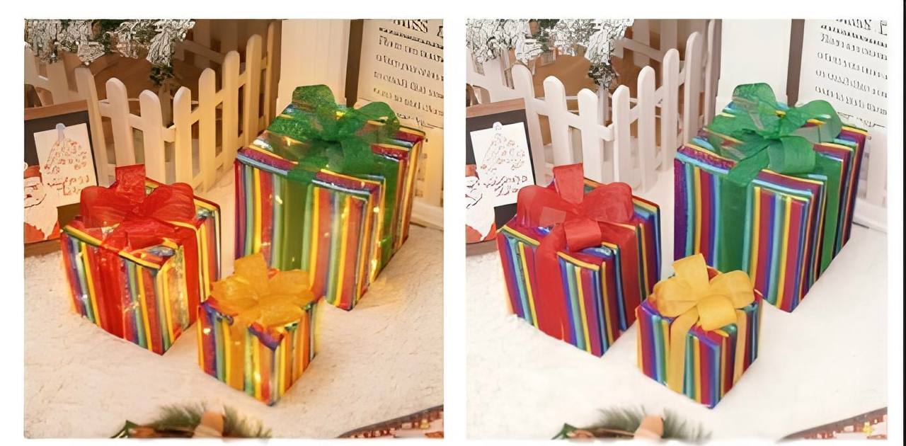 Colorful gift boxes with bows on a white surface.