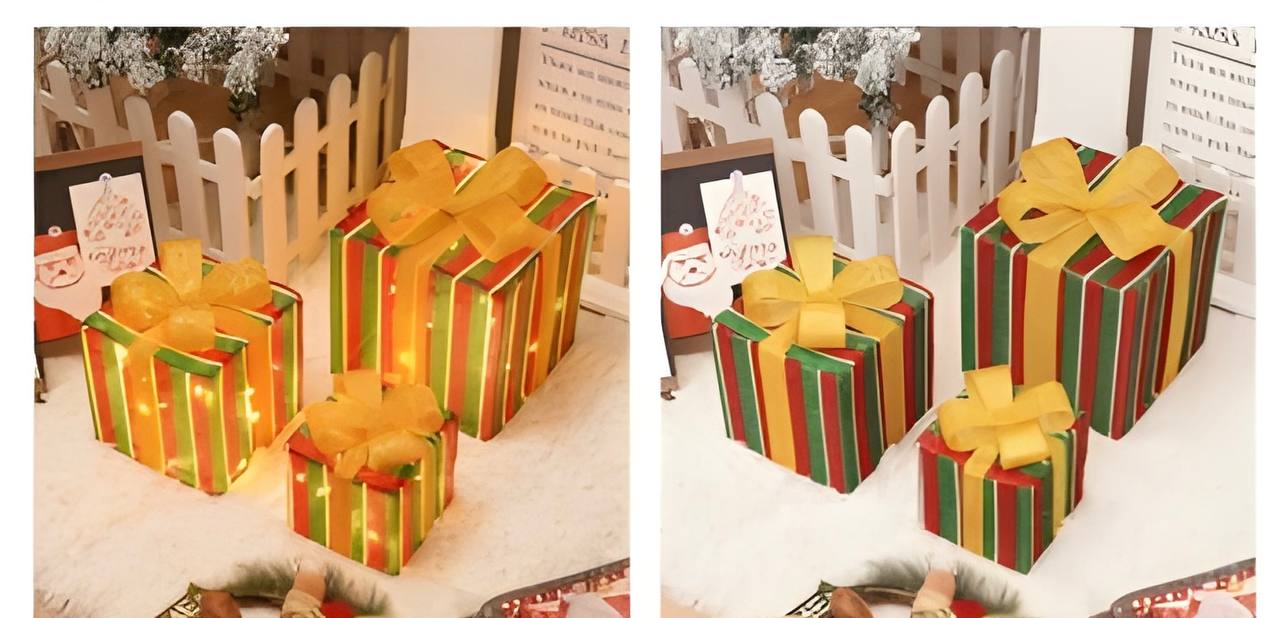Decorative gift boxes with lights and yellow bows on a festive background.