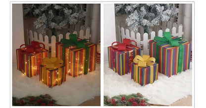 Two images of decorative gift boxes with lights and ribbons on a snowy background.