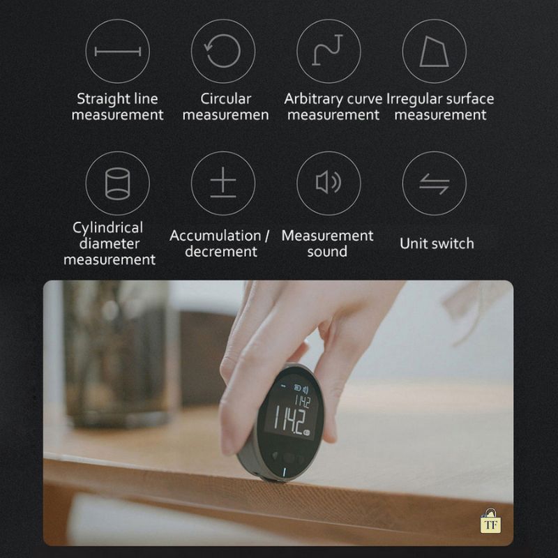 Measurement tool with digital display and various measurement functions on a black background.