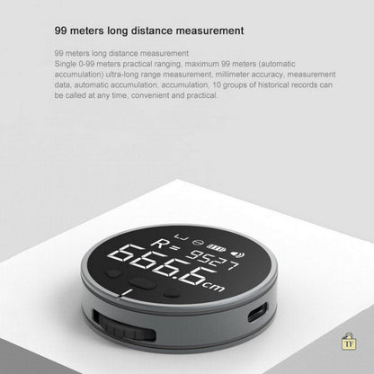 Distance measurement device with digital display on a white background 99 meters long 